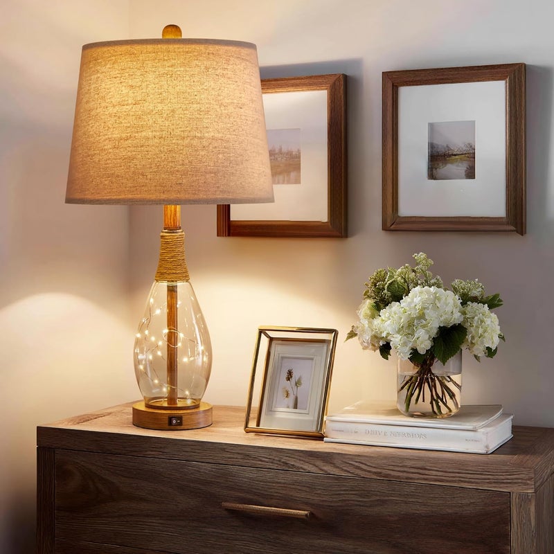 OYEARS Wood-Like Bedside Table Lamp with USB, Farmhouse Nightstand Lamps for Bedroom, Retro Rattan Table Lamps for Night Stands, Living Room, Boho Table Lamp with Glass Nightlight Lamps, Bulb Included - Image 4